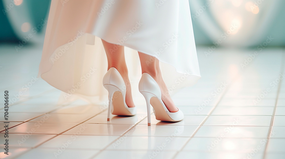 bride's feet in white shoes. Selective focus. bride's feet in white shoes. Selective focus.