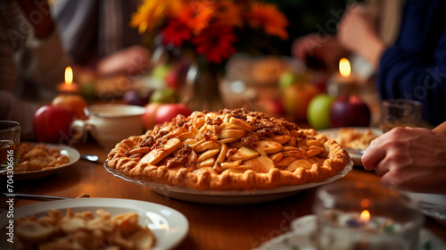 apple pie on the table against the backdrop of a family dinner. Selective focus. photo