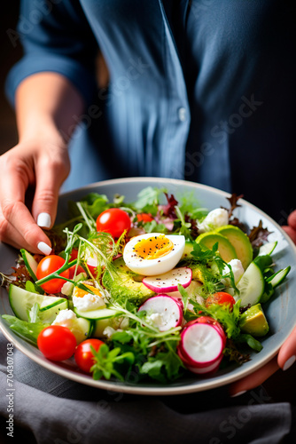 vegetable salad with eggs in the hands of a woman. Selective focus.