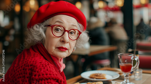 beautiful french granny in a red beret having breakfast in a cafe