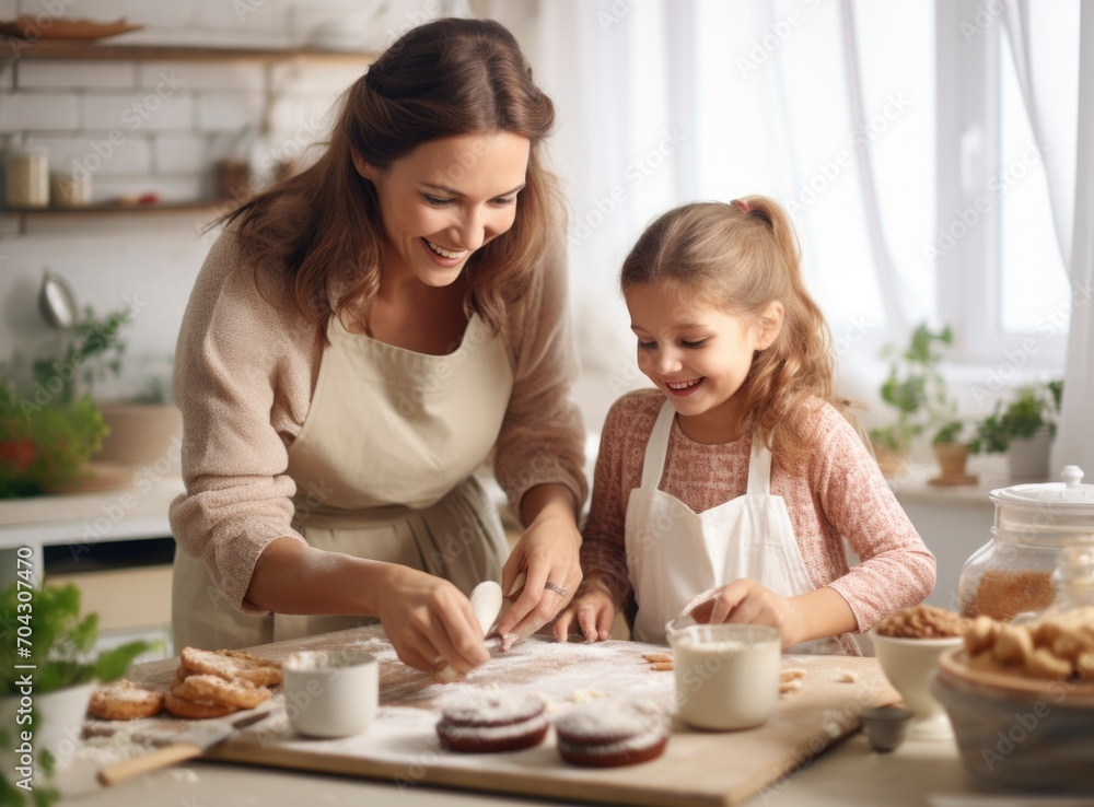 happy mother and daughter making cake dough in the kitchen, wearing an apron happy mother and daughter making cake dough in the kitchen, wearing an apron
