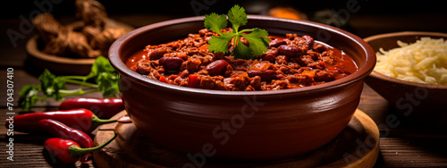 chili beans with meat on a plate. Selective focus.