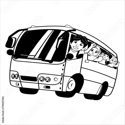 children riding the bus line art vector