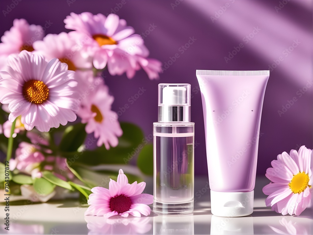 cosmetic cream container tube and a perfume mockup product photograph in purple color, purple daisy background decorations, sunlight beams in lighting cosmetic cream container tube and a perfume mockup product photograph in purple color, purple daisy background decorations, sunlight beams in lighting