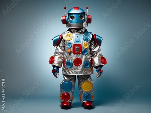a child wearing a realistic fabric costume that resembles a robot
