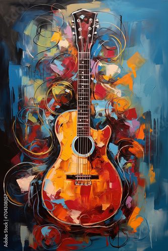 Oil Painting of Artists Music Guitar on Canvas Sanriocore Vibrancy with Dark Turquoise and Brown Palette