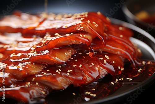Peking duck - Glossy, red and brown abstract forms with crispy texture. photo