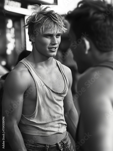 Urban street photograhpy: summery image of a handsome, caucasian muscular man with blond messy hair wearing a tanktop and a jeans short, talking to others. Generative AI