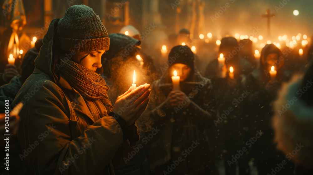 Unity in Prayer, Faith Beyond Destruction. Crowds of people praying together with candles.