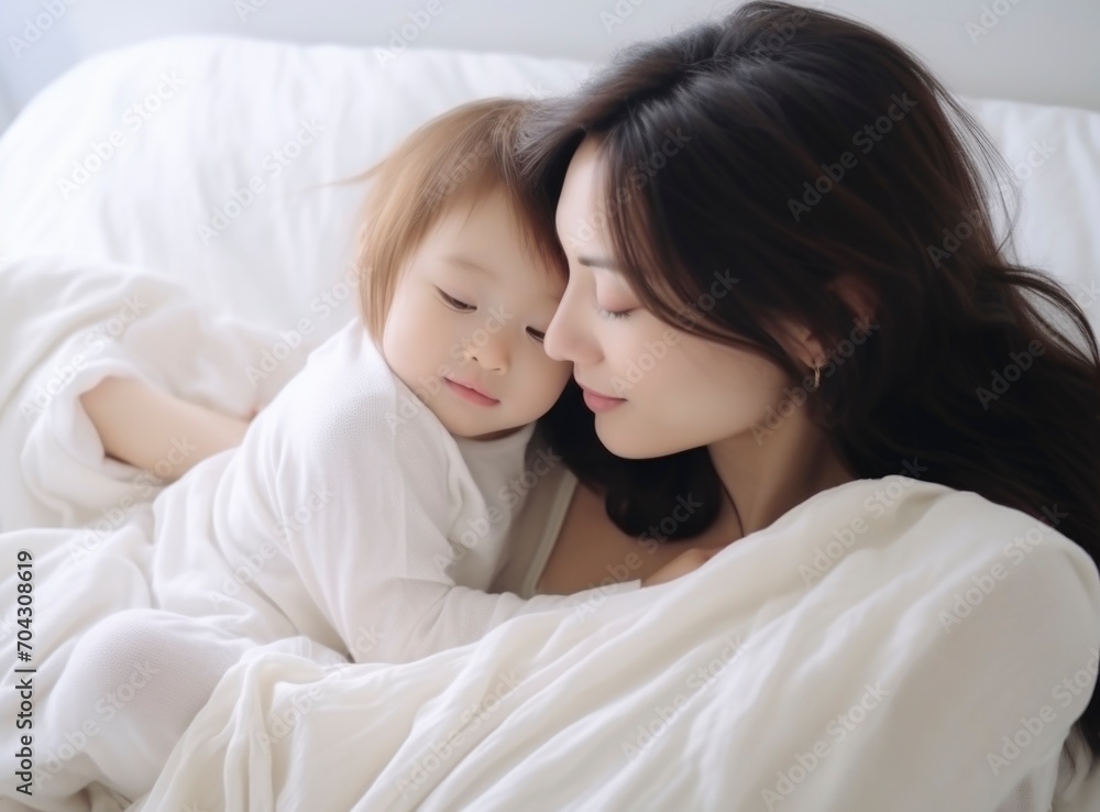 Asian mother hugging sleeping baby lying on bed, on white bedsheets Asian mother hugging sleeping baby lying on bed, on white bedsheets