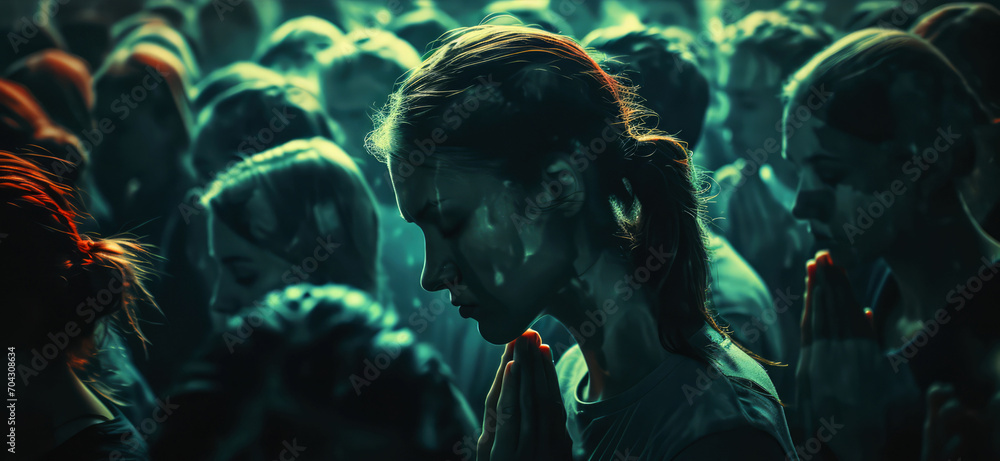 Unity in Prayer, Faith Beyond Destruction. Silhouette of a girl praying in a crowd of people. Unity in Prayer, Faith Beyond Destruction. Silhouette of a girl praying in a crowd of people.