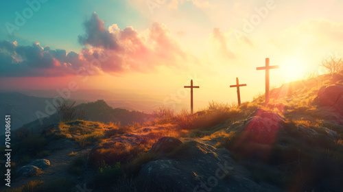 Three crosses on the top of the mountain at sunrise. photo