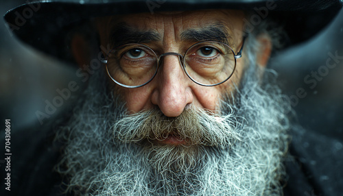 close up portrait of an old jewish man with long beard, hat and glasses, rabbi