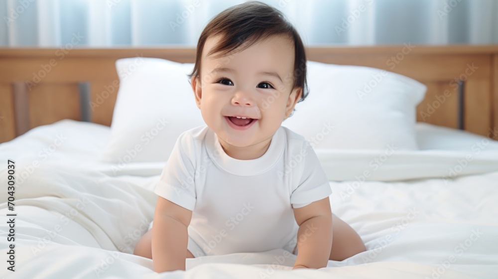 Baby wearing white clothes and sleeping in bed with white sheets Baby wearing white clothes and sleeping in bed with white sheets
