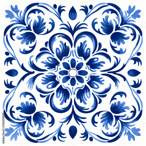 Ethnic folk ceramic tile in talavera style with navy blue floral ornament. Italian pattern, traditional Portuguese and Spain decor. Mediterranean porcelain pottery isolated on white background