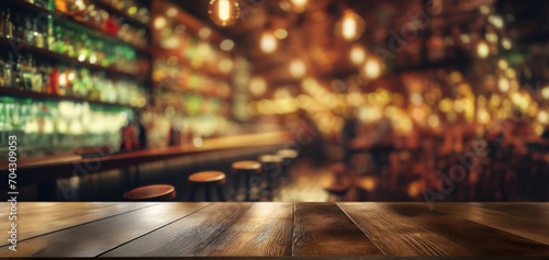 This captivating image showcases a bustling restaurant or Liquor bar ambiance, with blurry patrons comfortably seated at tables. The focal point of the scene is a beautifully crafted wooden table, photo