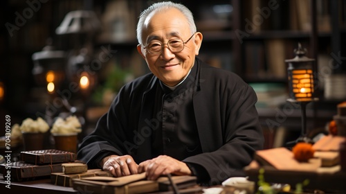 Portrait of a smiling elderly Asian man in traditional clothing photo