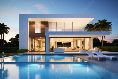 Modern luxury villa with pool and palm trees © duyina1990