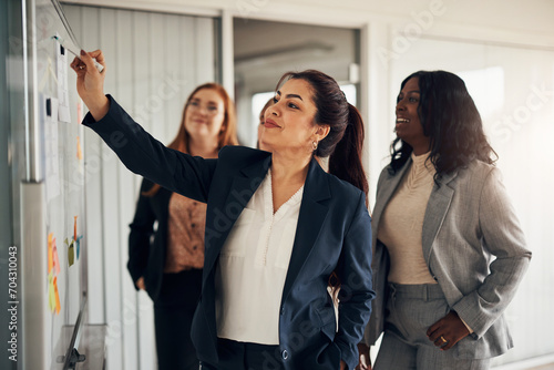 Smiling businesswoman and her team brainstorming together on an office whiteboard