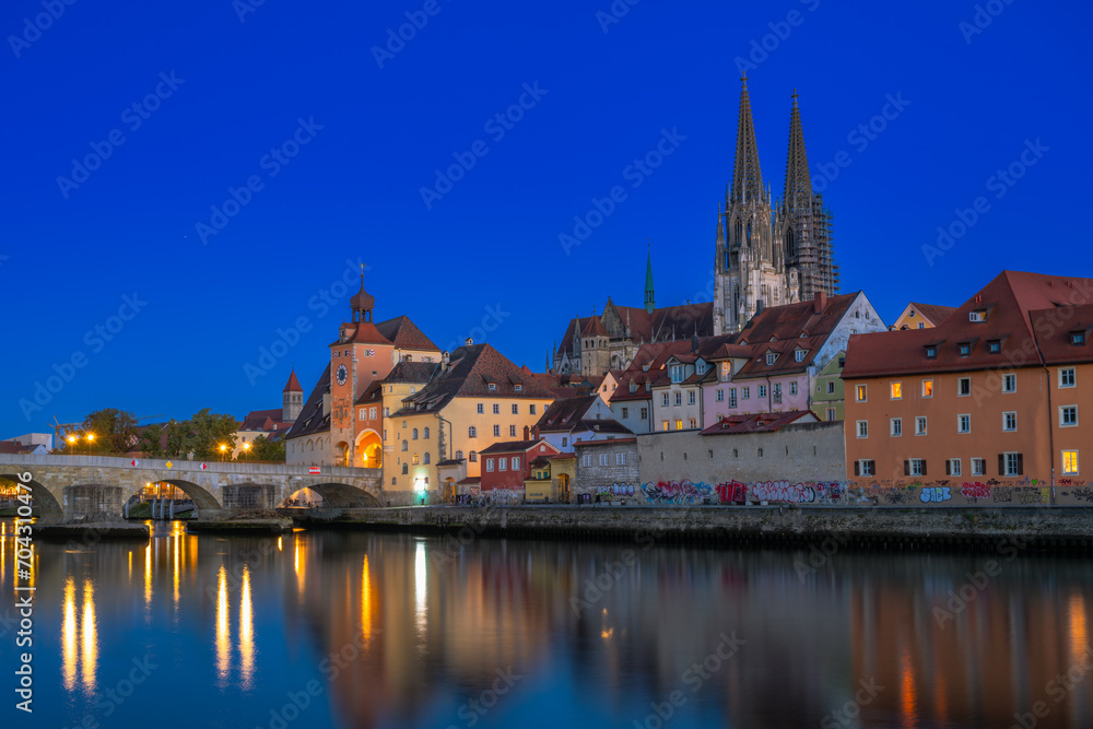 Regensburg cityscape during blue hour