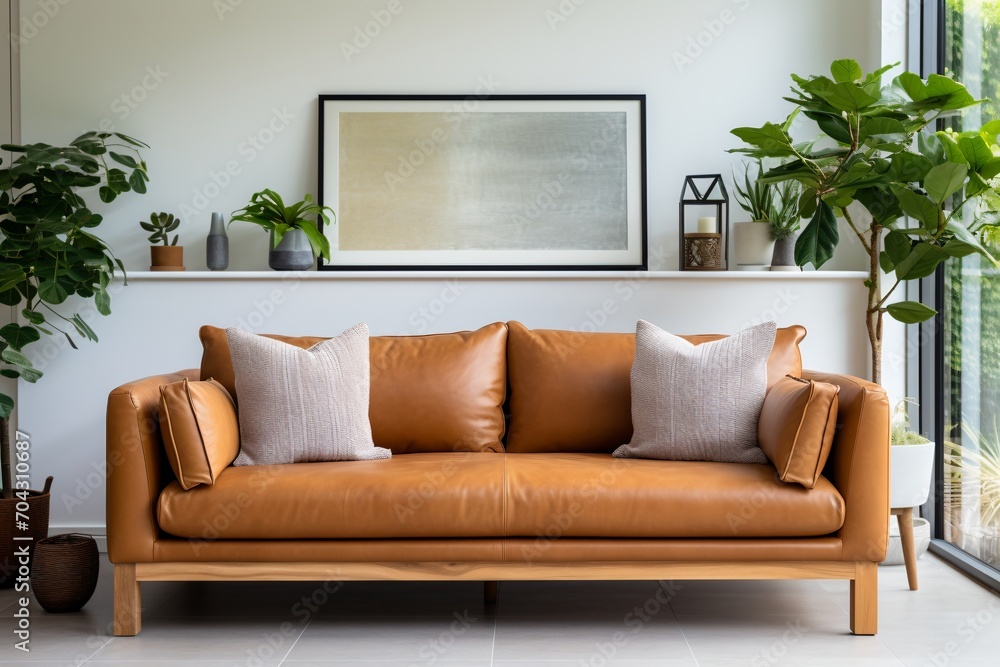 Fototapeta premium brown leather sofa in a living room with plants