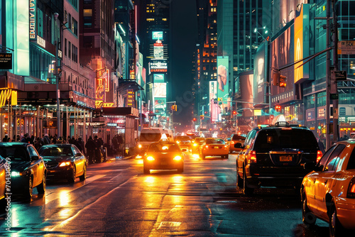 Vibrant city street at night with bright lights, bustling traffic, and iconic neon signs.