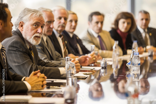 A group of professional men and women in a business meeting, discussing strategies in a boardroom setting. photo