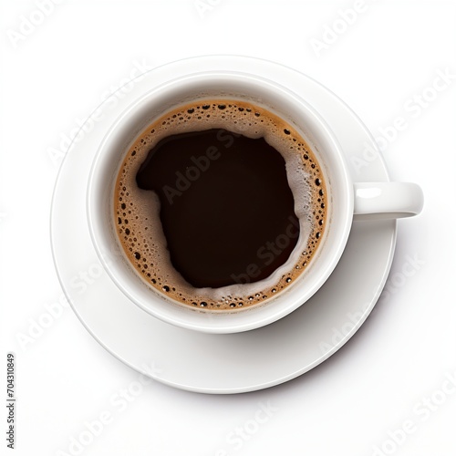 Top view of a full white cup of coffee on a white background