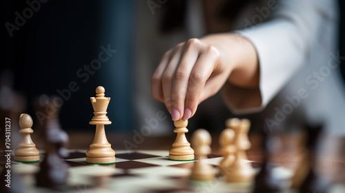 Closeup Of Hand Moving Chess Piece On Chessboard
