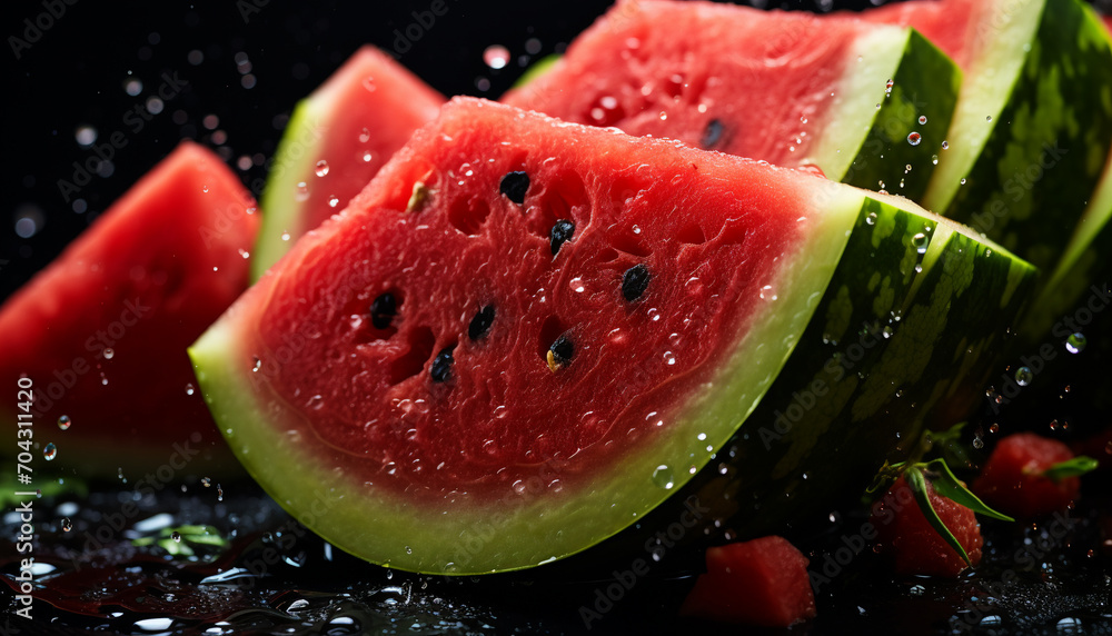 Recreation of fresh watermelon slices with drops water Recreation of fresh watermelon slices with drops water