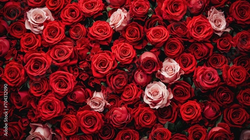Fototapeta Naklejka Na Ścianę i Meble -  natural fresh red roses flowers pattern wallpaper, top view, red rose flower wall background
