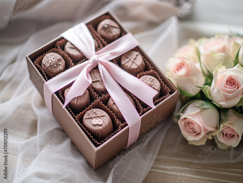 A box of chocolates with ribbons and pink rose on the table © 인혜 갈