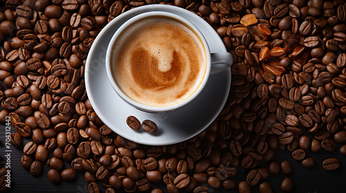 Close-up of freshly brewed latte in coffee cup on wooden rustic background