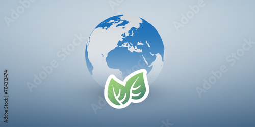 Blue Global Eco World Concept, Graphic Design Layout - Green Leaves and Earth Globe, Vector Template on Wide Scale Gradient Background
