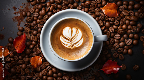 Close-up of freshly brewed latte in coffee cup on wooden rustic background