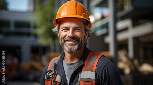 Portrait of a man builder in a helmet on the construction site, concept of civil engineering photo