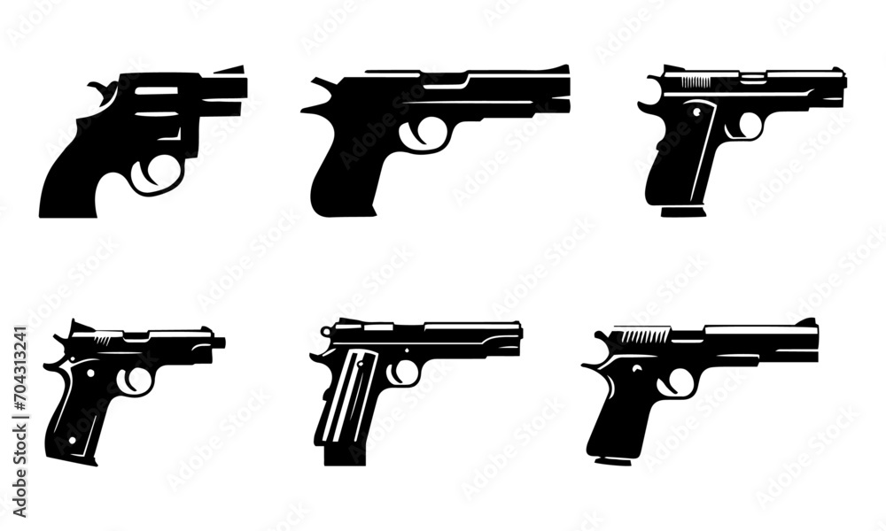 Pistols , Guns Detailed Vectorized Silhouettes Set , Black And White 