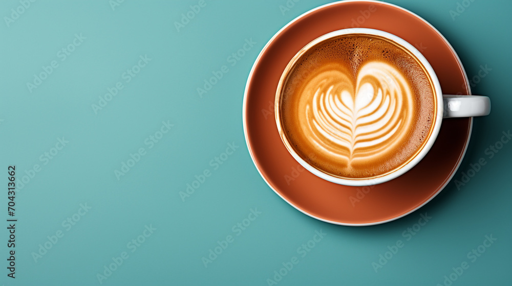 Close-up of freshly brewed latte in coffee cup on orange background Close-up of freshly brewed latte in coffee cup on orange background
