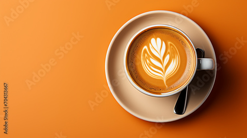 Close-up of freshly brewed latte in coffee cup on orange background photo