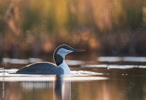 a small bird is sitting in the water by some reed: Gavia stellata, a Red-throated Loon photo