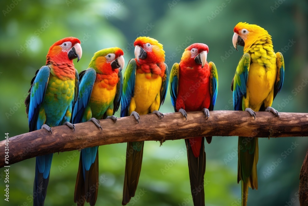 A vibrant assortment of birds sitting together on a branch, A group of colorful parrots perched on a branch in the rainforest, AI Generated