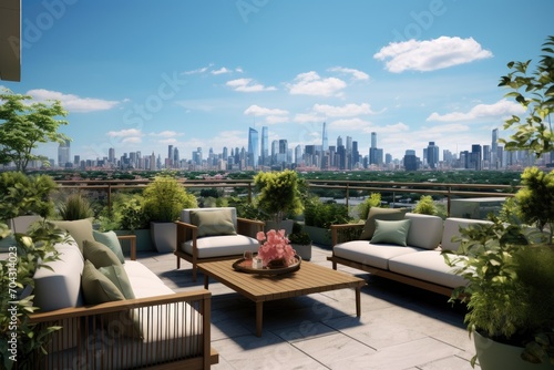A patio featuring comfortable couches, tables, and a stunning view of the cityscape, A green rooftop terrace with comfortable seating and cityscape views, AI Generated