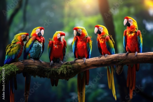 A vibrant group of parrots perched together on a branch, A group of colorful parrots perched on a branch in the rainforest, AI Generated photo