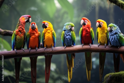 A vibrant group of birds with various hues resting on a branch in a captivating, vivid photograph, A group of colorful parrots perched on a branch in the rainforest, AI Generated © Iftikhar alam