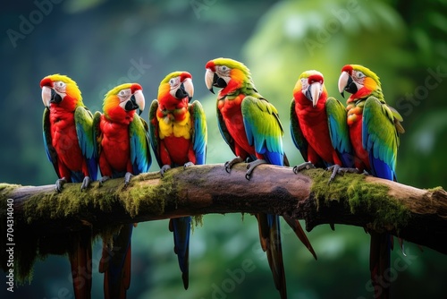 group of parrots showcasing a rainbow of vibrant colors as they sit together on a perfectly balanced tree branch, A group of colorful parrots perched on a branch in the rainforest, AI Generated © Iftikhar alam