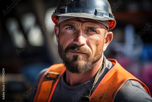 A male construction worker on a construction site, standing with tools and making eye contact with the camera © ImageHeaven