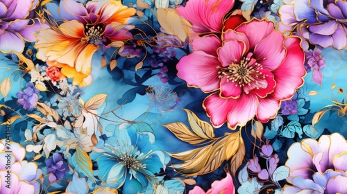Luxurious floral 3d wallpaper patterned in rich bright colors with elements of gold. Dramatic floral abstract, ornament, pattern, art illustration. Opulent floral print for fabric, paper, stationery.