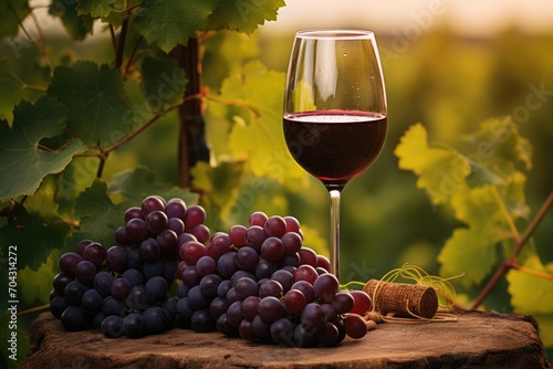 An invigorating composition featuring a glass of wine elegantly placed beside a cluster of fresh grapes  A glass of rich red wine with grapes in a vineyard  AI Generated