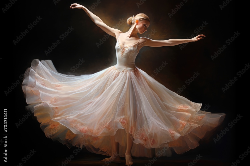 Naklejka premium A woman in a white dress dances with grace and elegance, captivating the audience with her fluid movements, A graceful ballerina in mid-pirouette, AI Generated