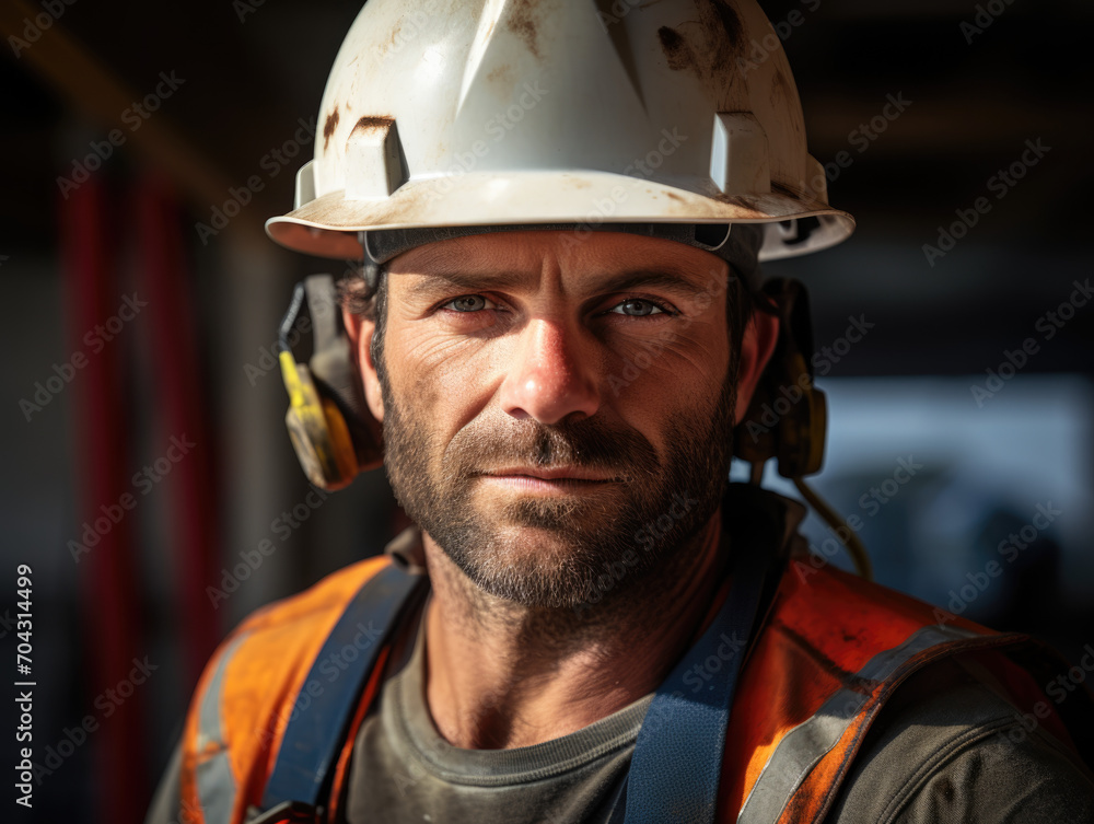 A male construction worker on a construction site, standing with tools and making eye contact with the camera A male construction worker on a construction site, standing with tools and making eye contact with the camera